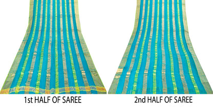 Sanskriti Vintage Blue Pure Geometric Silk Saree Golden Woven 5.5 Yd Sari Craft
