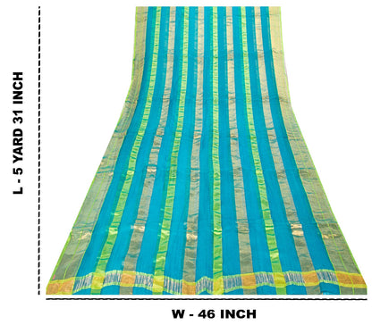 Sanskriti Vintage Blue Pure Geometric Silk Saree Golden Woven 5.5 Yd Sari Craft