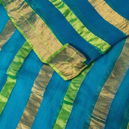 Sanskriti Vintage Blue Pure Geometric Silk Saree Golden Woven 5.5 Yd Sari Craft