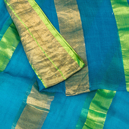 Sanskriti Vintage Blue Pure Geometric Silk Saree Golden Woven 5.5 Yd Sari Craft