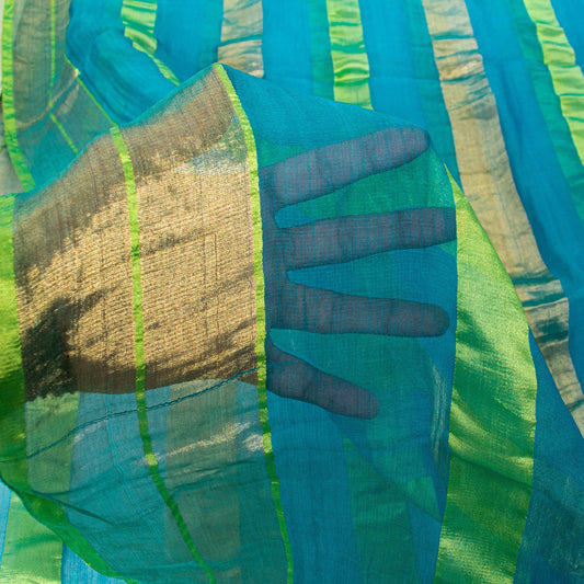 Sanskriti Vintage Blue Pure Geometric Silk Saree Golden Woven 5.5 Yd Sari Craft