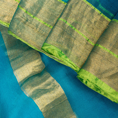 Sanskriti Vintage Blue Pure Geometric Silk Saree Golden Woven 5.5 Yd Sari Craft