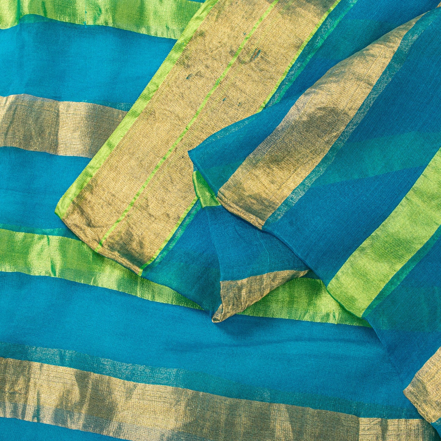 Sanskriti Vintage Blue Pure Geometric Silk Saree Golden Woven 5.5 Yd Sari Craft