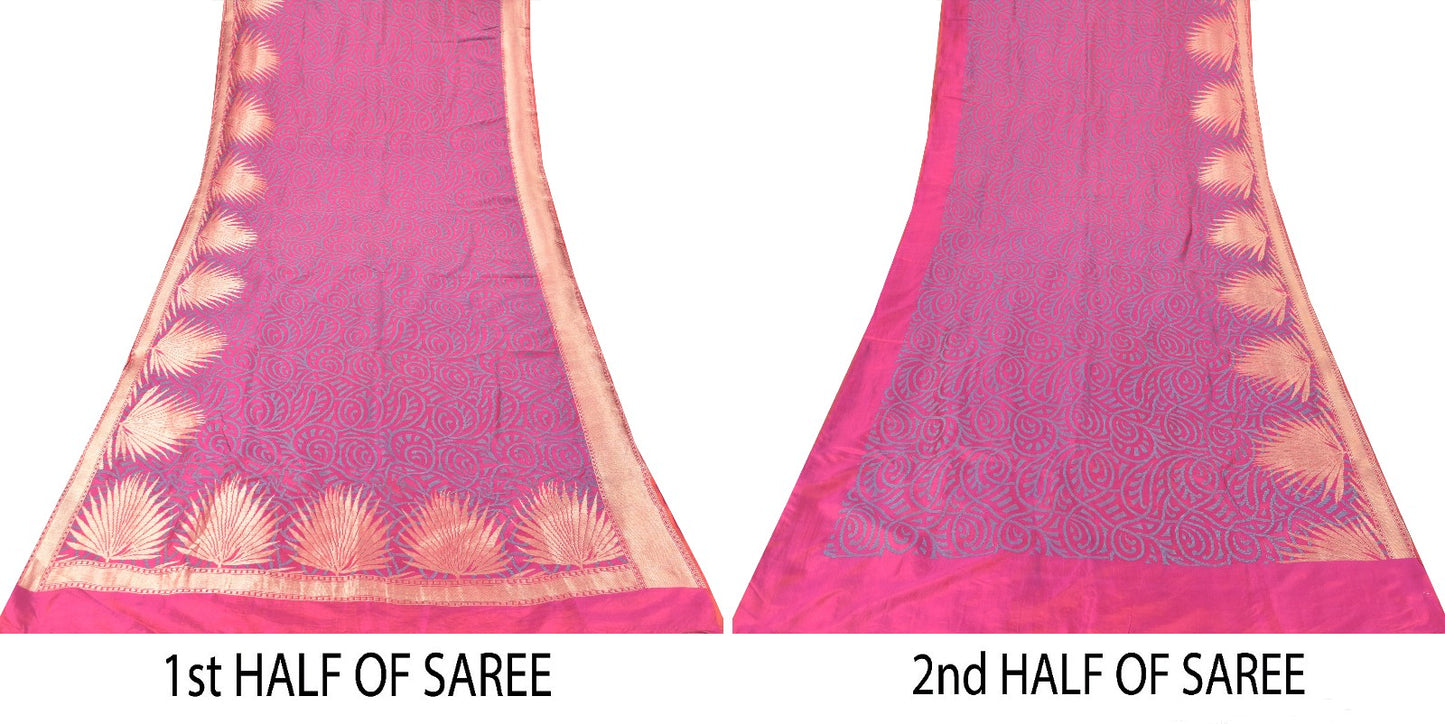 Sanskriti Vintage Soft Pink Pure Silk Saree Woven Floral Sari 5.5YD Craft Fabric