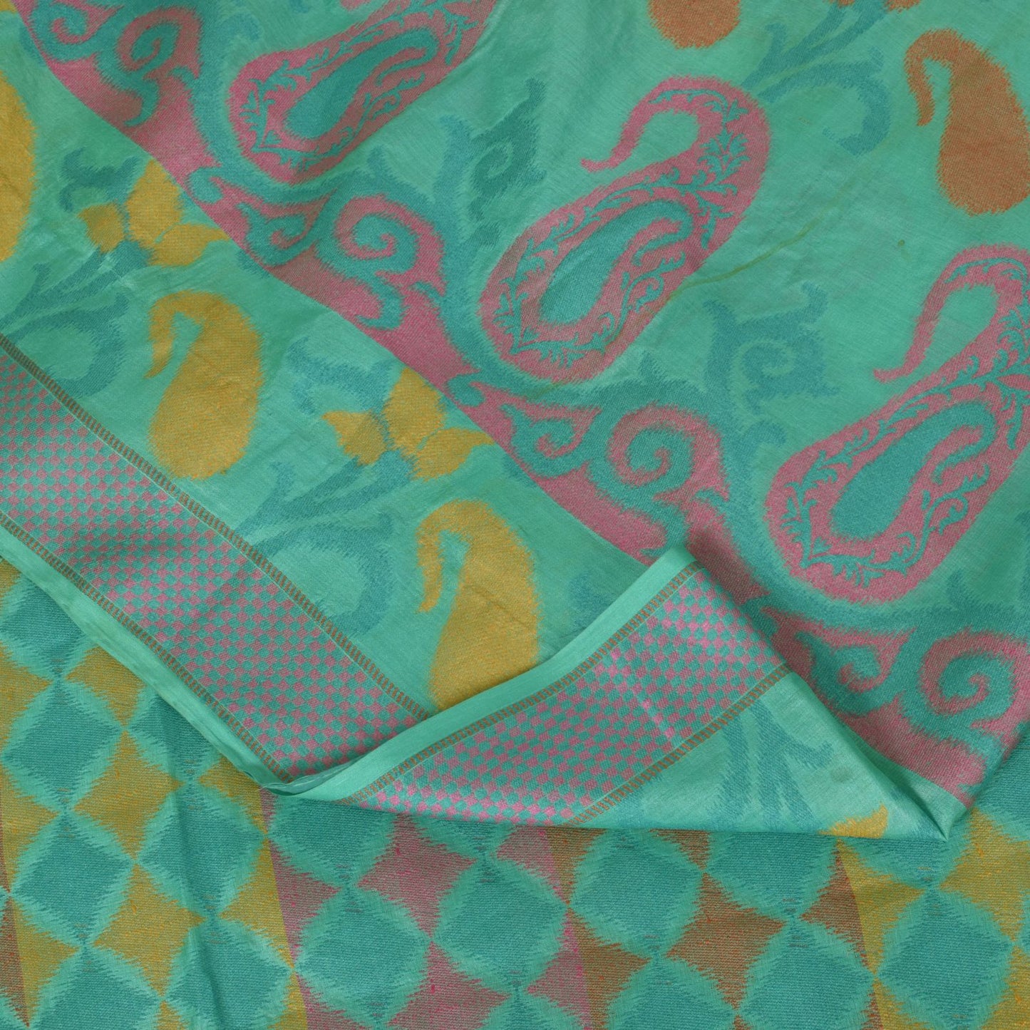 Sanskriti Vintage Blue Pure Silk Saree Geometric Paisley Woven Sari 5.5+YD Craft