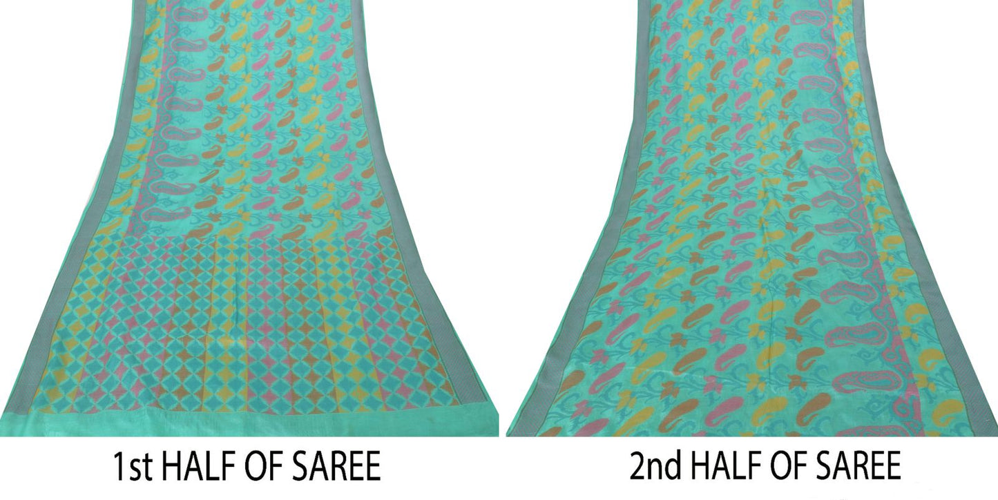 Sanskriti Vintage Blue Pure Silk Saree Geometric Paisley Woven Sari 5.5+YD Craft