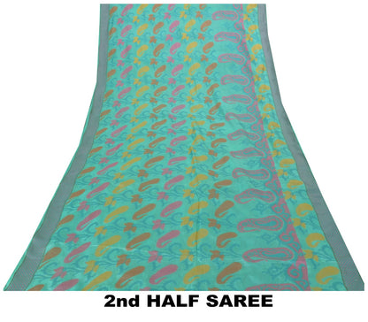 Sanskriti Vintage Blue Pure Silk Saree Geometric Paisley Woven Sari 5.5+YD Craft