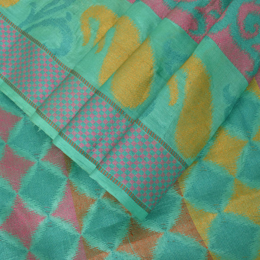 Sanskriti Vintage Blue Pure Silk Saree Geometric Paisley Woven Sari 5.5+YD Craft