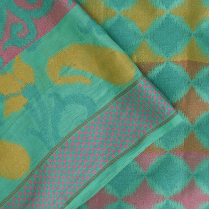 Sanskriti Vintage Blue Pure Silk Saree Geometric Paisley Woven Sari 5.5+YD Craft