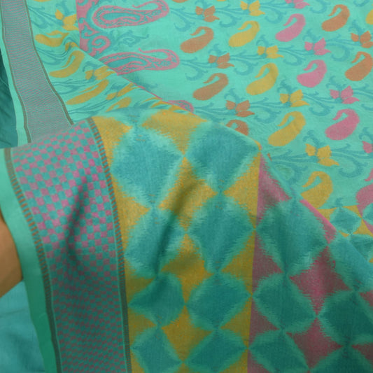 Sanskriti Vintage Blue Pure Silk Saree Geometric Paisley Woven Sari 5.5+YD Craft