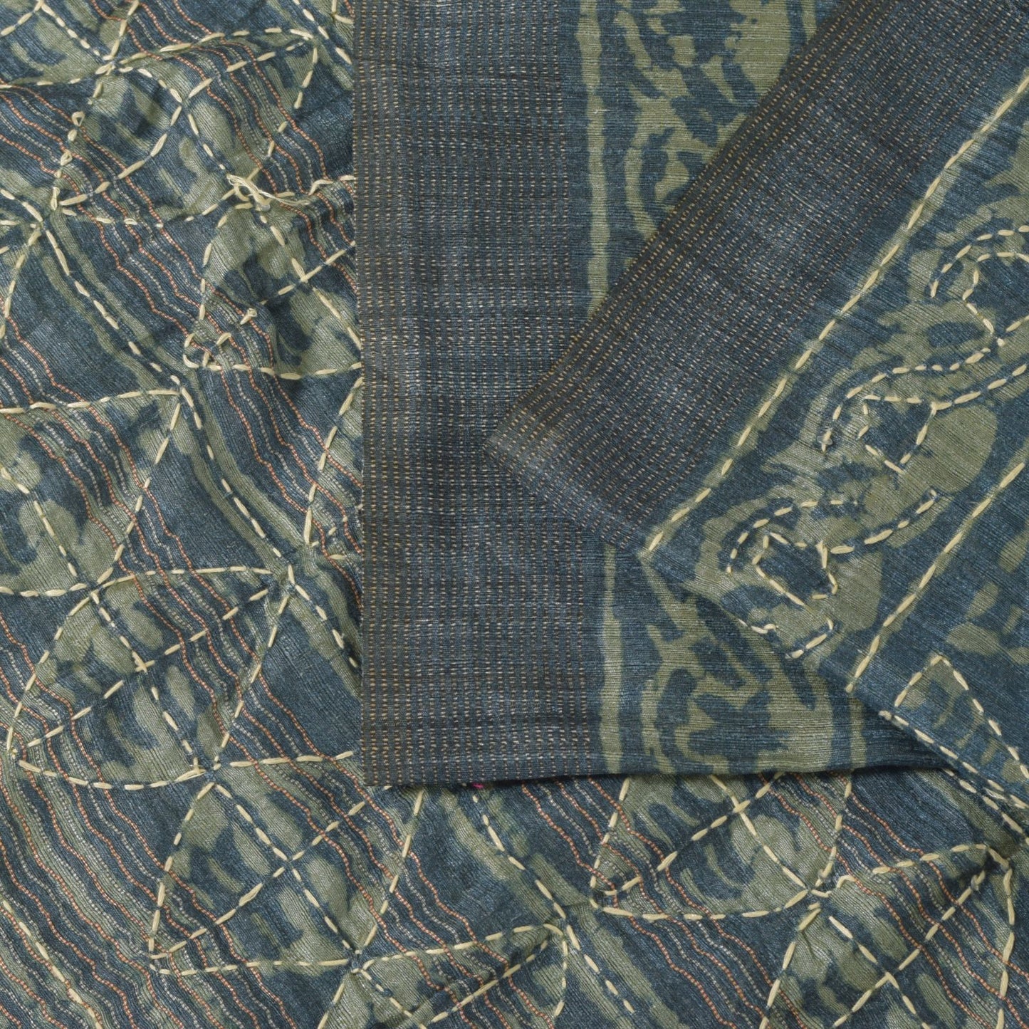Sanskriti Vintage Blue Art Silk Saree Handmade Bagru Kantha Embroidery 5.5YDSari