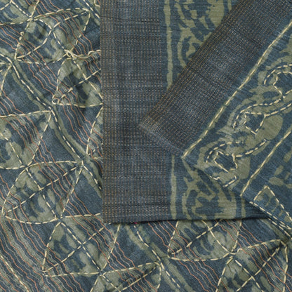 Sanskriti Vintage Blue Art Silk Saree Handmade Bagru Kantha Embroidery 5.5YDSari