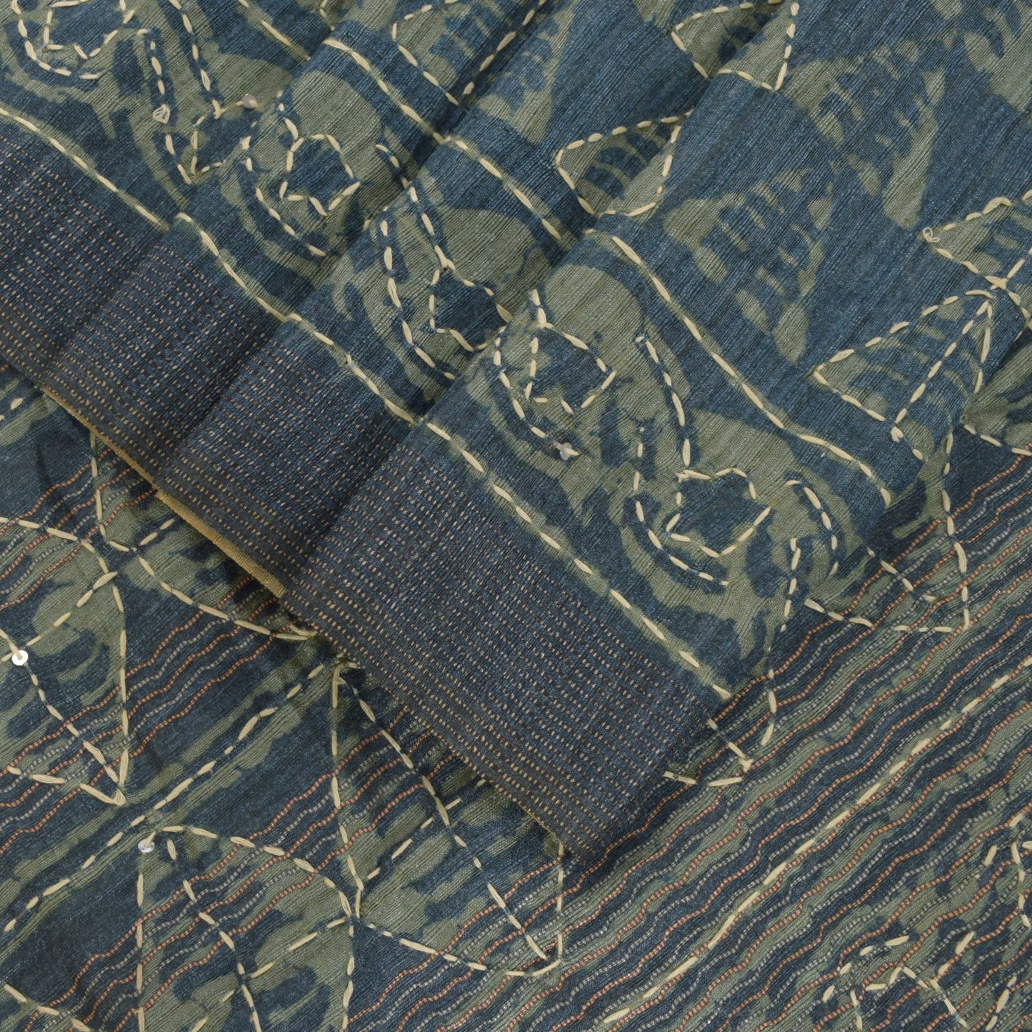 Sanskriti Vintage Blue Art Silk Saree Handmade Bagru Kantha Embroidery 5.5YDSari