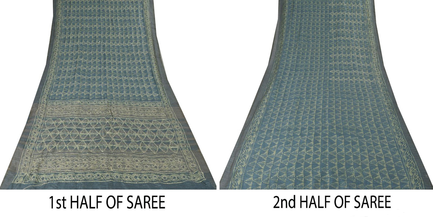 Sanskriti Vintage Blue Art Silk Saree Handmade Bagru Kantha Embroidery 5.5YDSari