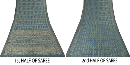 Sanskriti Vintage Blue Art Silk Saree Handmade Bagru Kantha Embroidery 5.5YDSari
