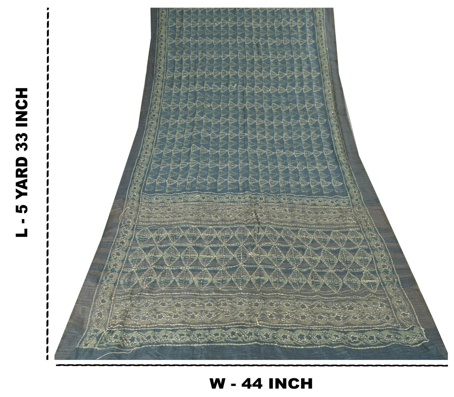 Sanskriti Vintage Blue Art Silk Saree Handmade Bagru Kantha Embroidery 5.5YDSari