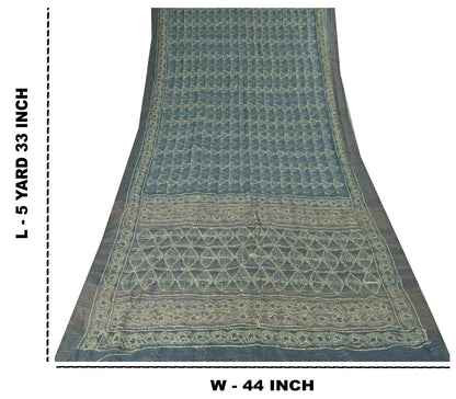 Sanskriti Vintage Blue Art Silk Saree Handmade Bagru Kantha Embroidery 5.5YDSari