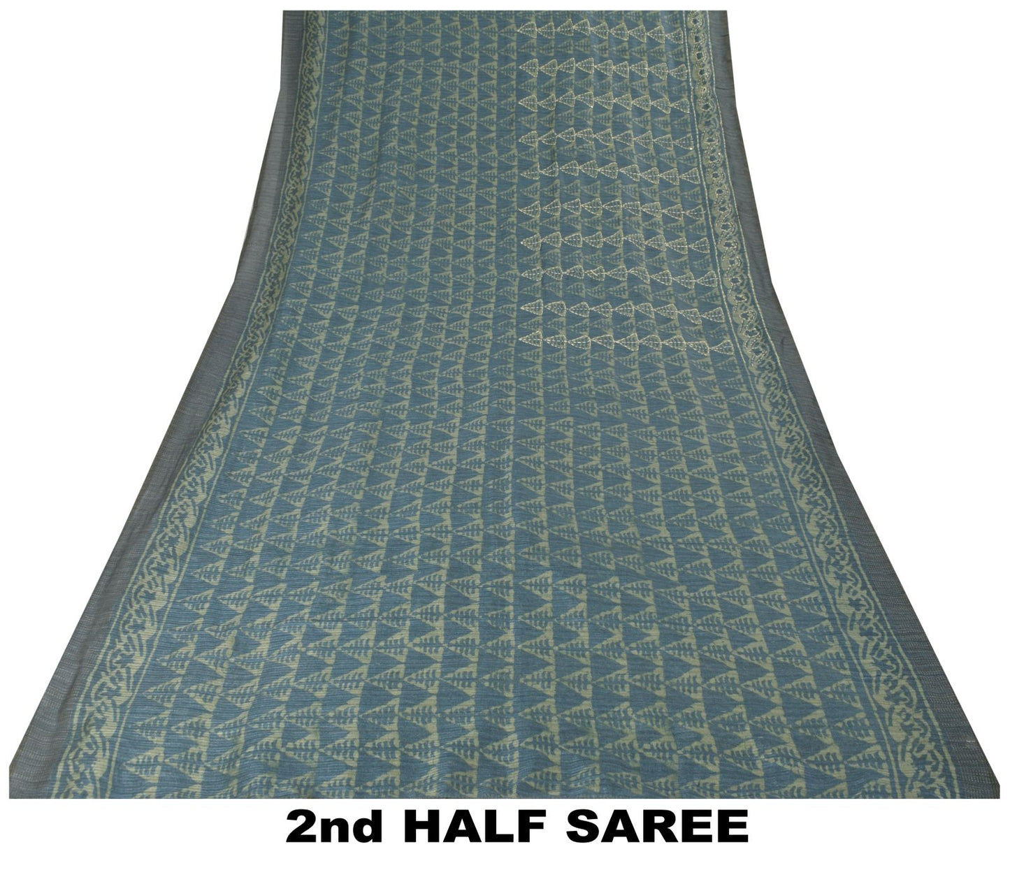 Sanskriti Vintage Blue Art Silk Saree Handmade Bagru Kantha Embroidery 5.5YDSari