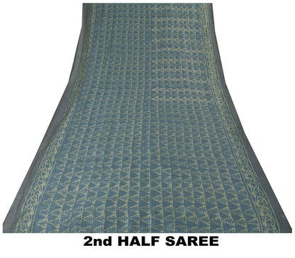Sanskriti Vintage Blue Art Silk Saree Handmade Bagru Kantha Embroidery 5.5YDSari