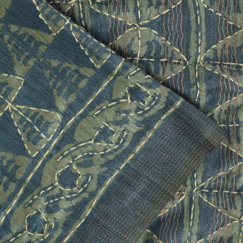 Sanskriti Vintage Blue Art Silk Saree Handmade Bagru Kantha Embroidery 5.5YDSari