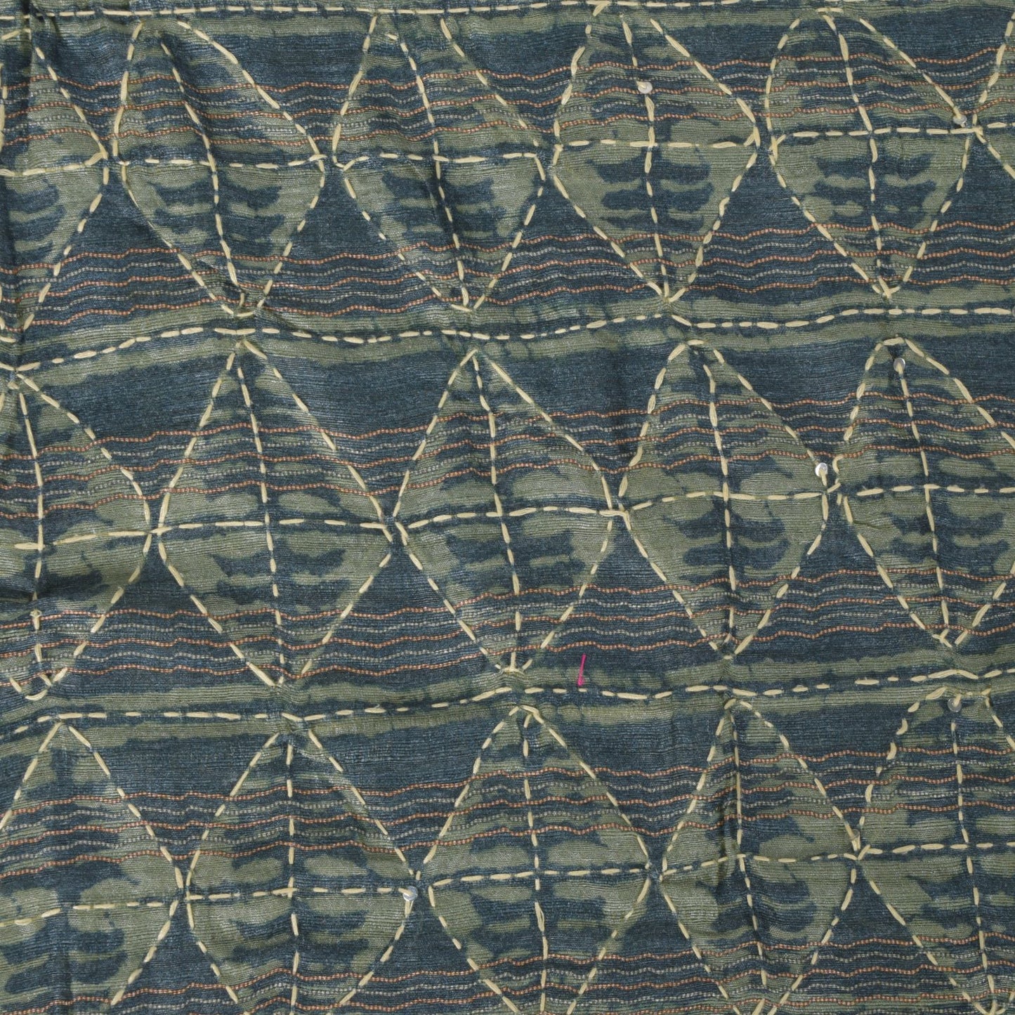 Sanskriti Vintage Blue Art Silk Saree Handmade Bagru Kantha Embroidery 5.5YDSari