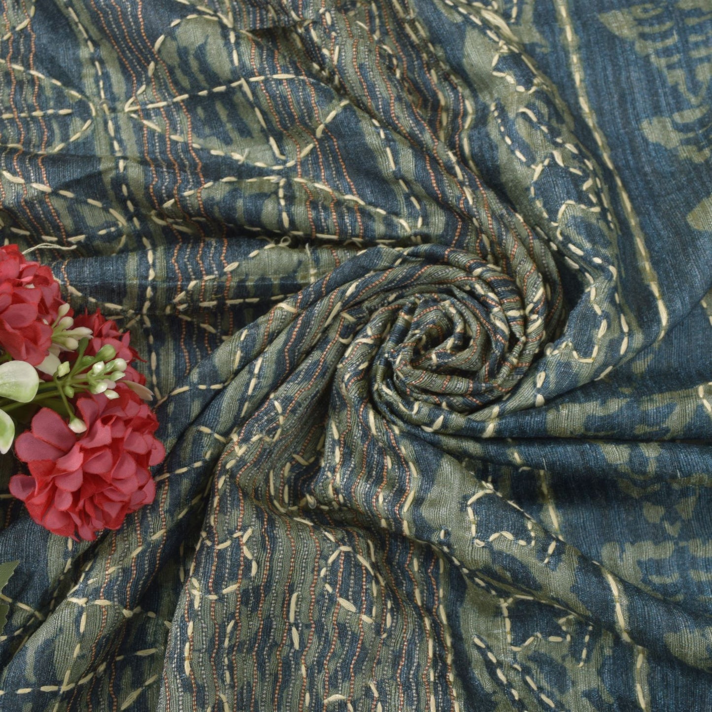 Sanskriti Vintage Blue Art Silk Saree Handmade Bagru Kantha Embroidery 5.5YDSari