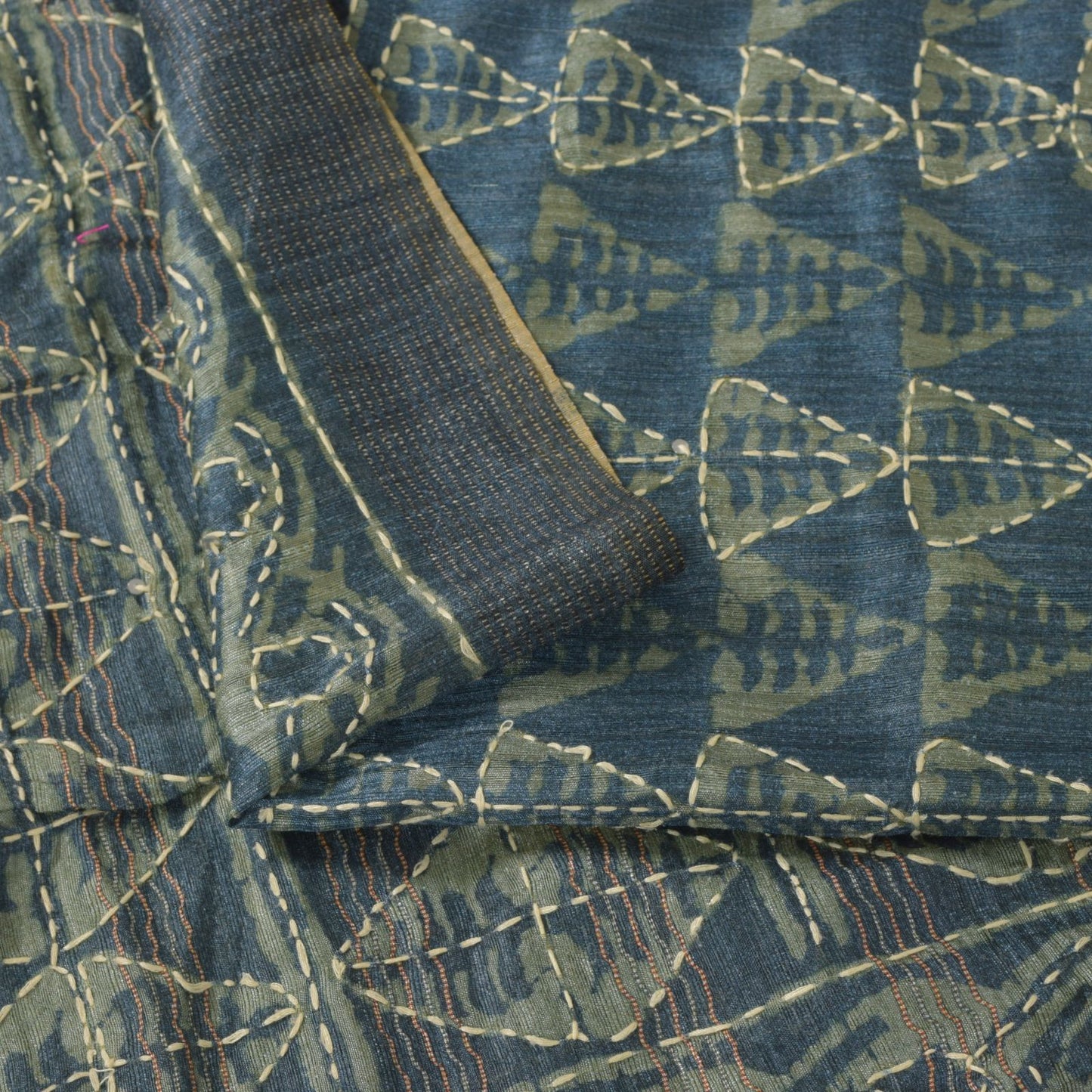 Sanskriti Vintage Blue Art Silk Saree Handmade Bagru Kantha Embroidery 5.5YDSari
