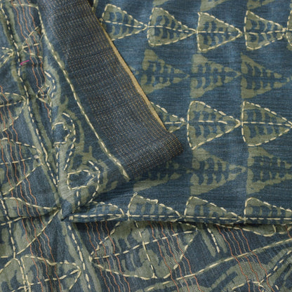 Sanskriti Vintage Blue Art Silk Saree Handmade Bagru Kantha Embroidery 5.5YDSari