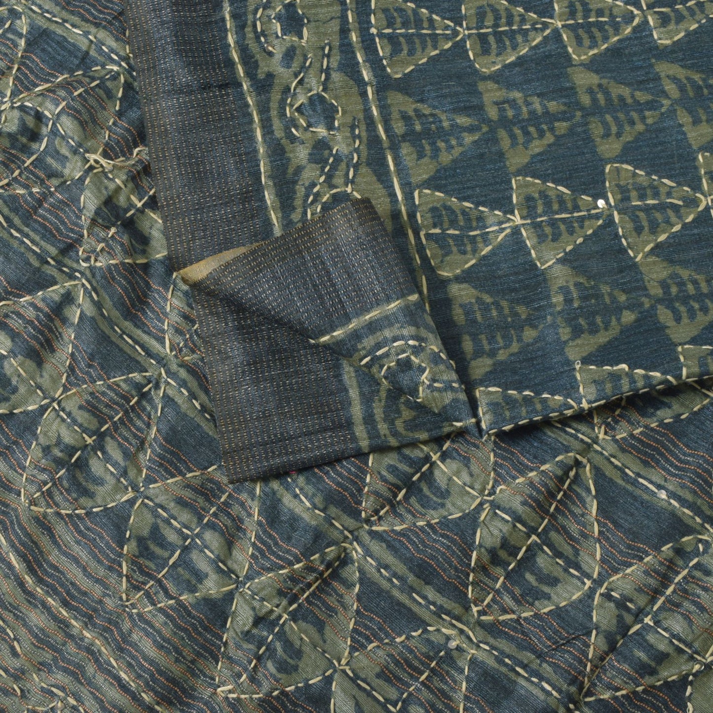 Sanskriti Vintage Blue Art Silk Saree Handmade Bagru Kantha Embroidery 5.5YDSari