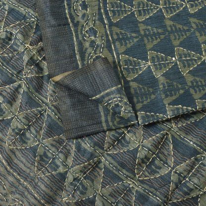 Sanskriti Vintage Blue Art Silk Saree Handmade Bagru Kantha Embroidery 5.5YDSari