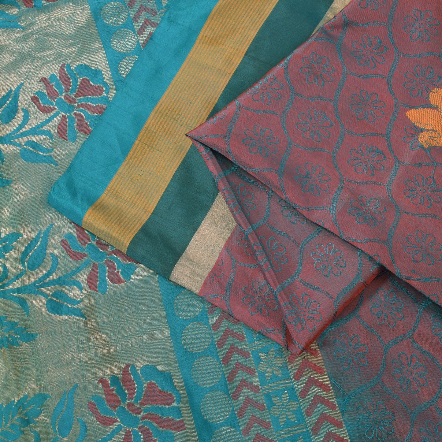 Sanskriti Vintage Blue-Pink Pure Silk Saree Floral Woven Sari 5.5+ydCraft Fabric
