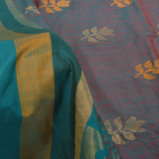 Sanskriti Vintage Blue-Pink Pure Silk Saree Floral Woven Sari 5.5+ydCraft Fabric