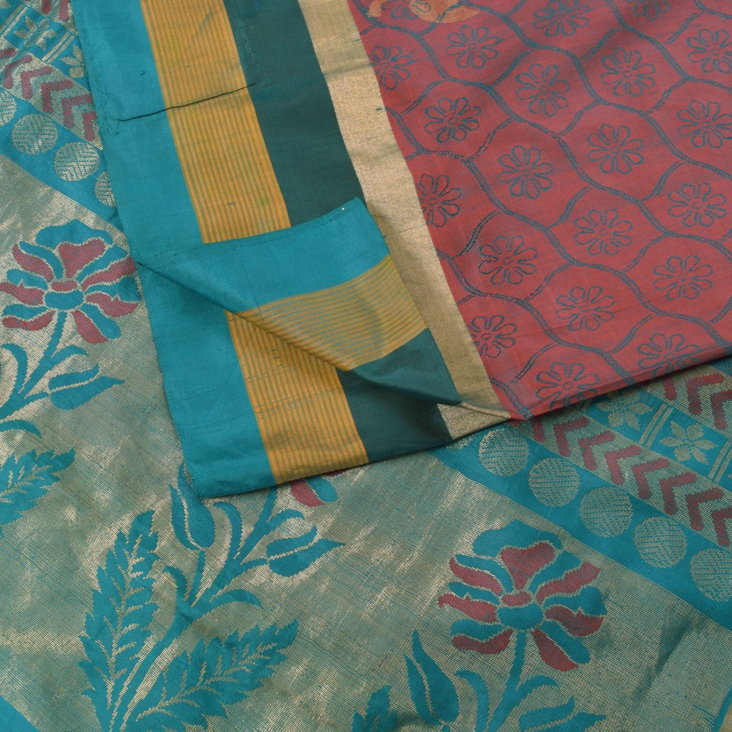 Sanskriti Vintage Blue-Pink Pure Silk Saree Floral Woven Sari 5.5+ydCraft Fabric