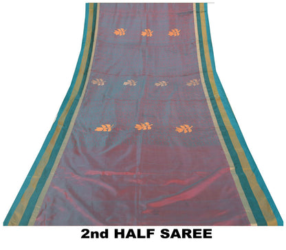 Sanskriti Vintage Blue-Pink Pure Silk Saree Floral Woven Sari 5.5+ydCraft Fabric