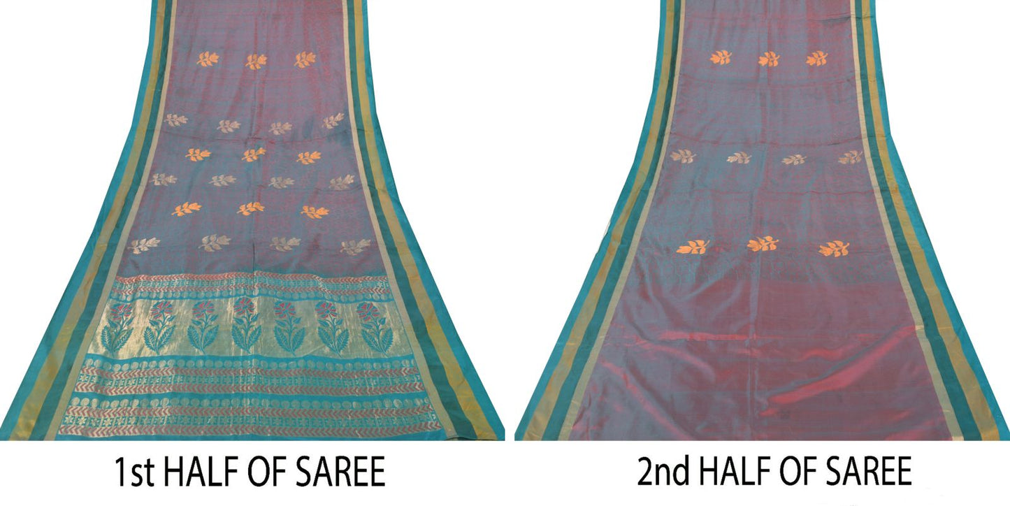 Sanskriti Vintage Blue-Pink Pure Silk Saree Floral Woven Sari 5.5+ydCraft Fabric