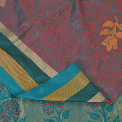 Sanskriti Vintage Blue-Pink Pure Silk Saree Floral Woven Sari 5.5+ydCraft Fabric