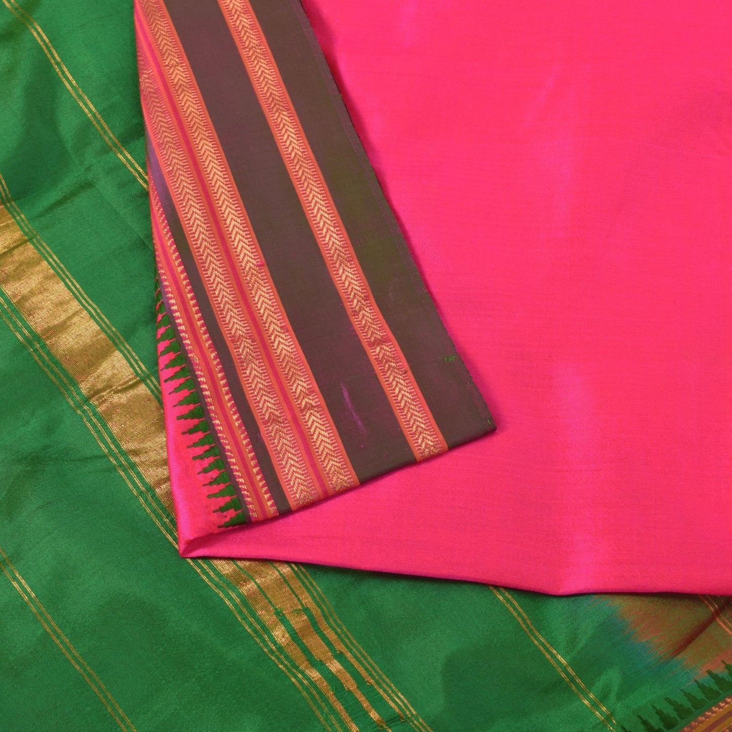 Sanskriti Vintage Pink-Green Pure Silk Saree Zari Hand Woven & Solid Sari 6+YD