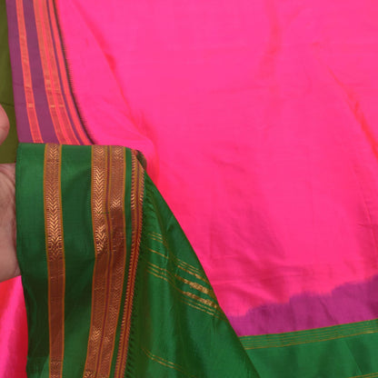 Sanskriti Vintage Pink-Green Pure Silk Saree Zari Hand Woven & Solid Sari 6+YD