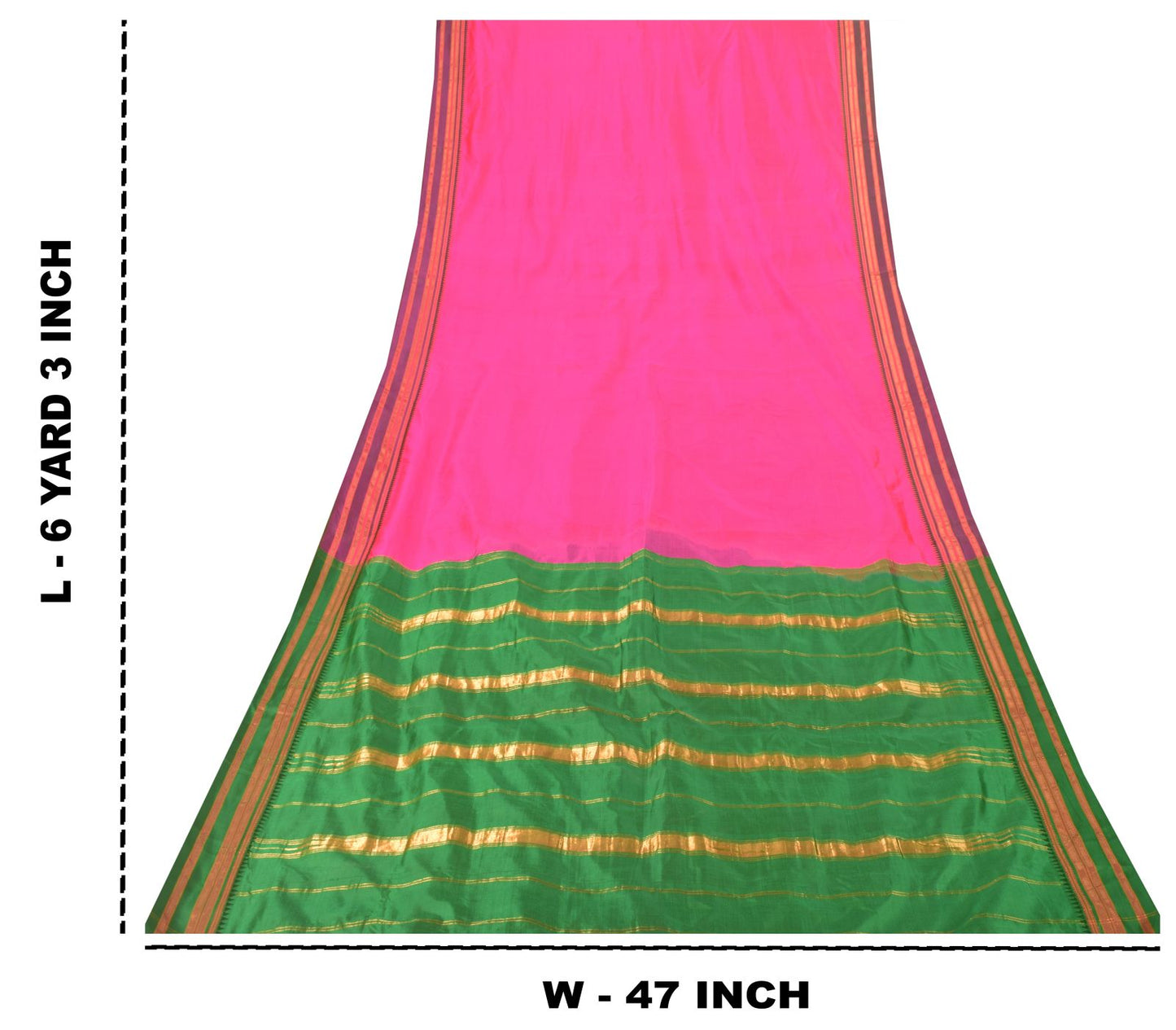 Sanskriti Vintage Pink-Green Pure Silk Saree Zari Hand Woven & Solid Sari 6+YD
