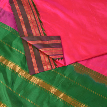 Sanskriti Vintage Pink-Green Pure Silk Saree Zari Hand Woven & Solid Sari 6+YD