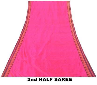 Sanskriti Vintage Pink-Green Pure Silk Saree Zari Hand Woven & Solid Sari 6+YD