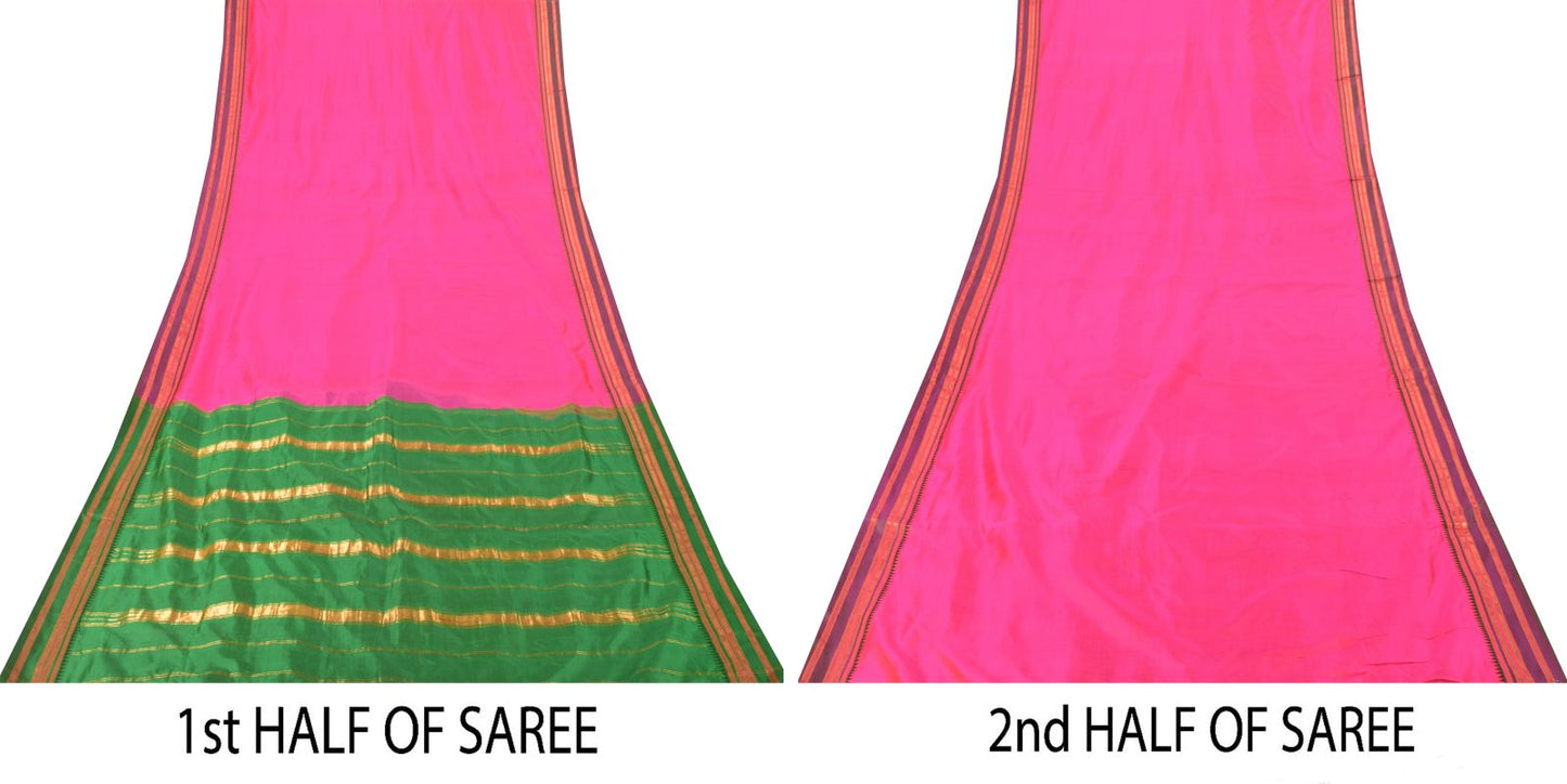Sanskriti Vintage Pink-Green Pure Silk Saree Zari Hand Woven & Solid Sari 6+YD