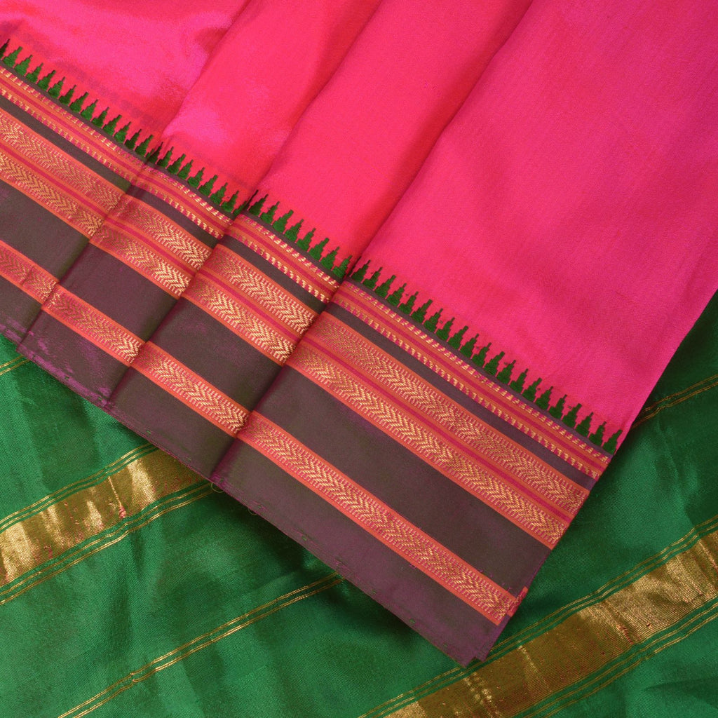 Sanskriti Vintage Pink-Green Pure Silk Saree Zari Hand Woven & Solid Sari 6+YD