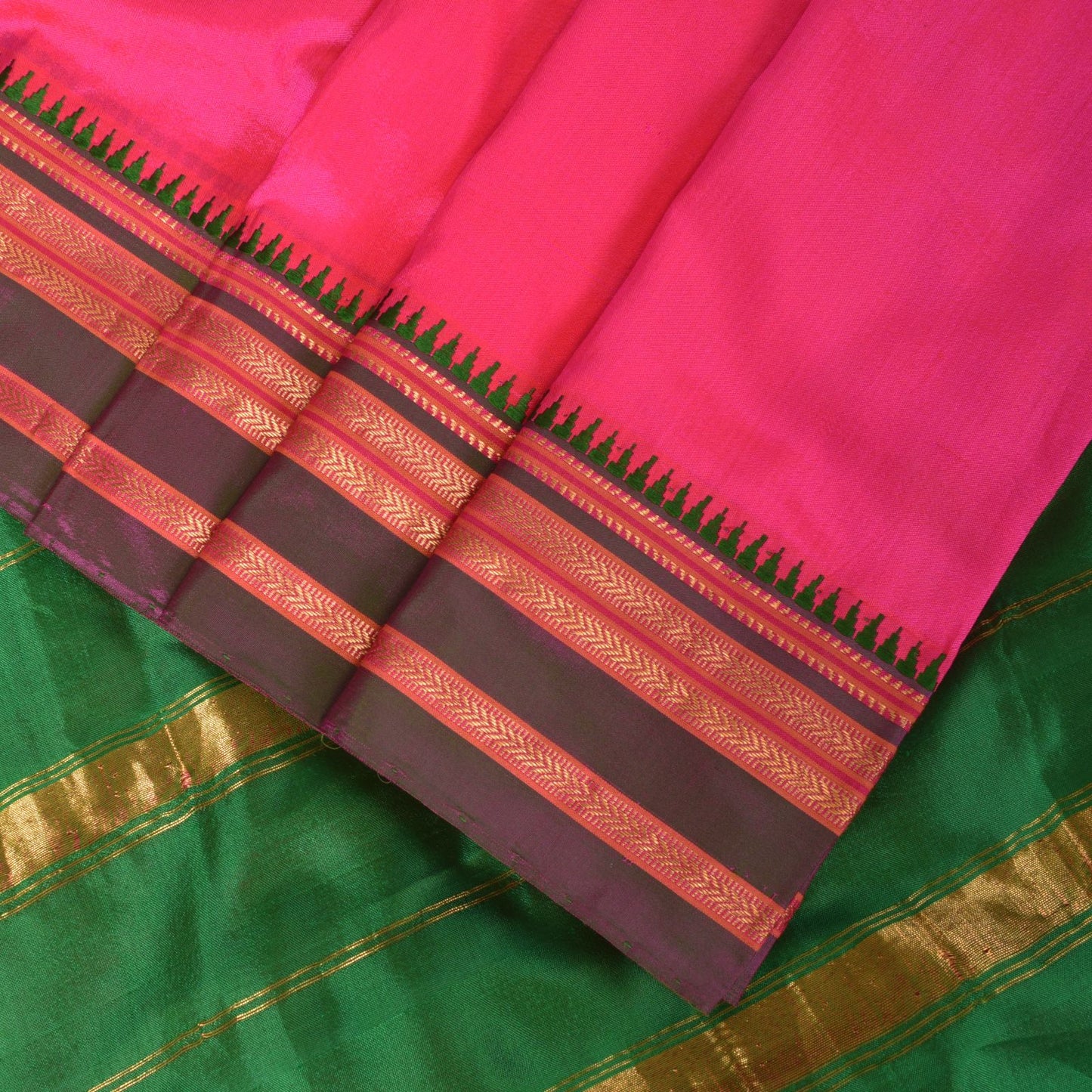Sanskriti Vintage Pink-Green Pure Silk Saree Zari Hand Woven & Solid Sari 6+YD