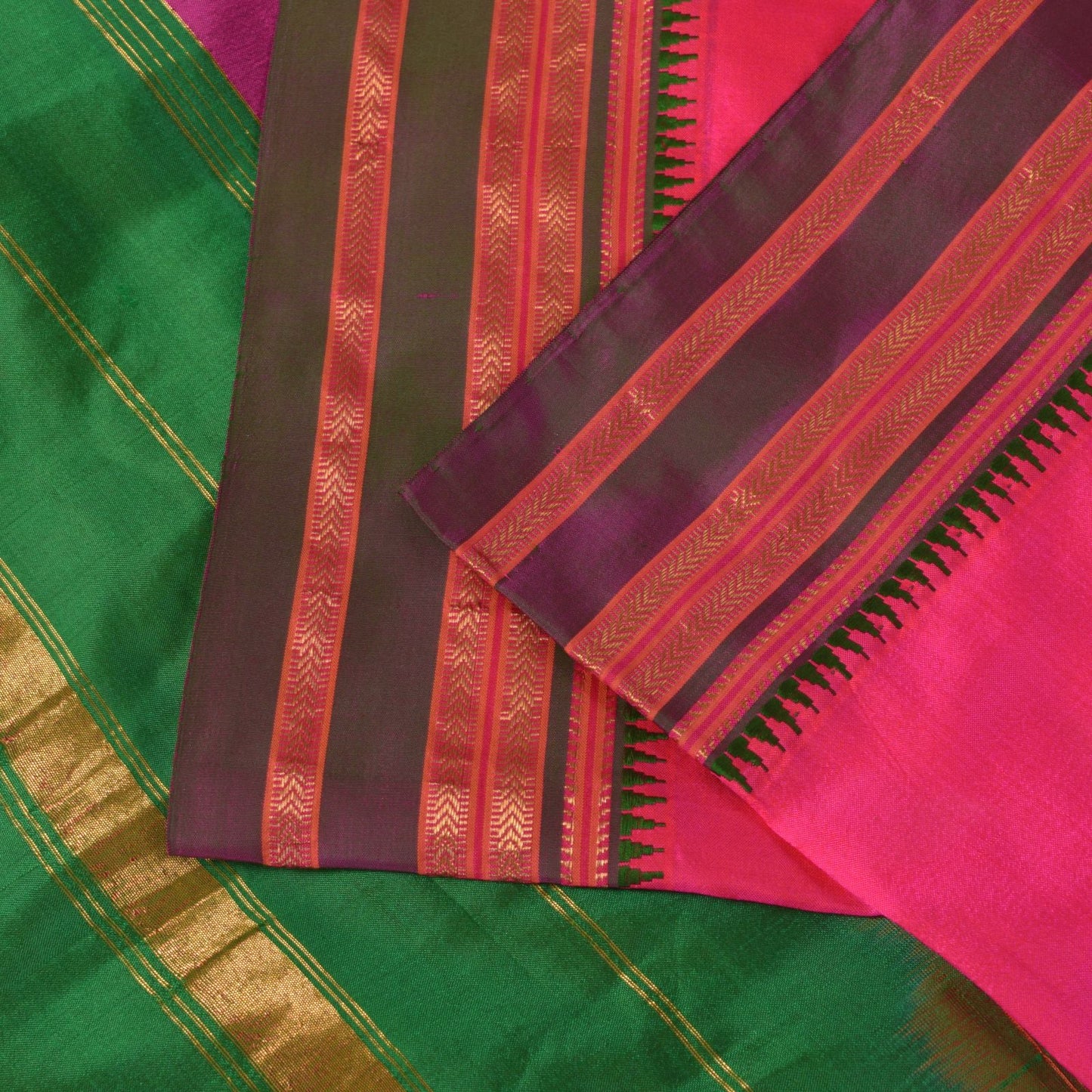 Sanskriti Vintage Pink-Green Pure Silk Saree Zari Hand Woven & Solid Sari 6+YD