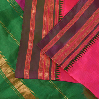 Sanskriti Vintage Pink-Green Pure Silk Saree Zari Hand Woven & Solid Sari 6+YD