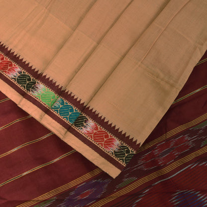Sanskriti Vintage Beige 100% Pure Cotton Saree Ikat Hand Woven & Solid 5.5+Sari