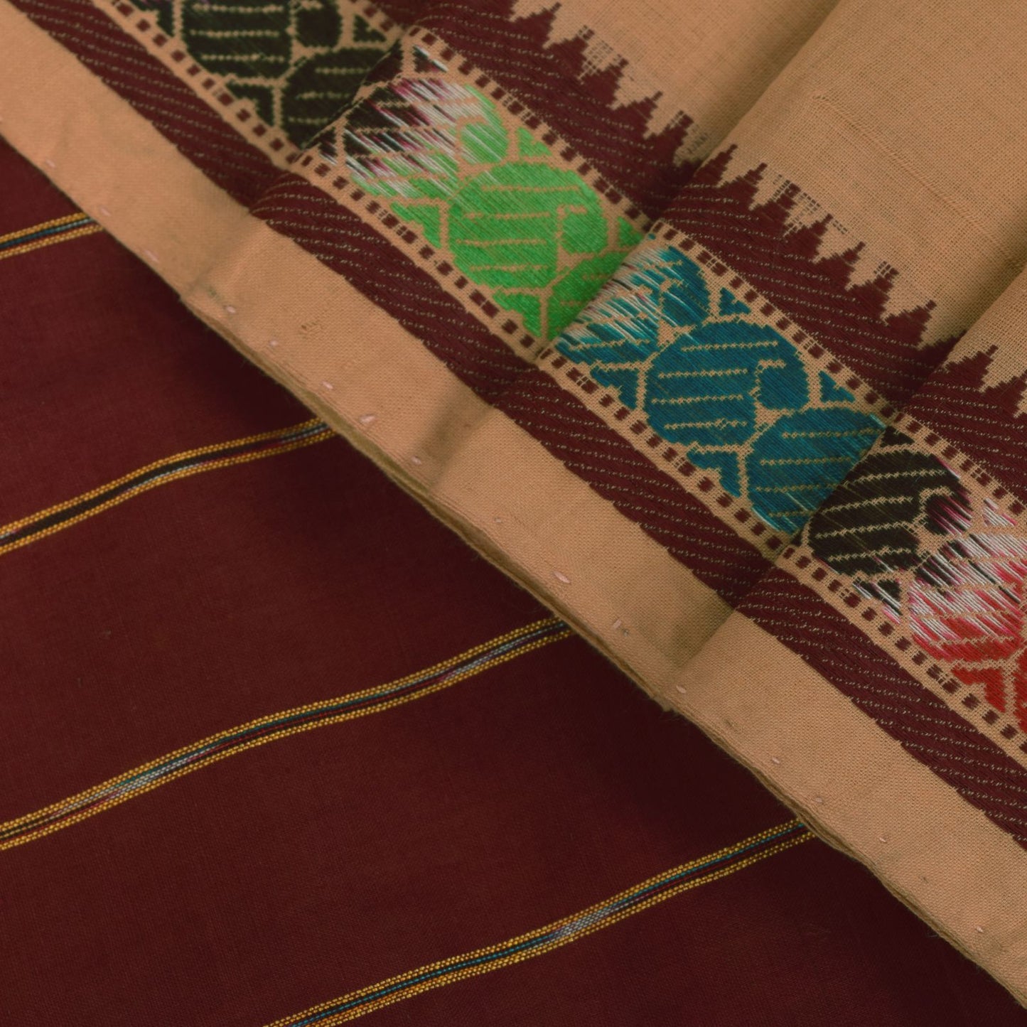 Sanskriti Vintage Beige 100% Pure Cotton Saree Ikat Hand Woven & Solid 5.5+Sari