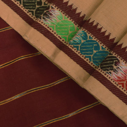 Sanskriti Vintage Beige 100% Pure Cotton Saree Ikat Hand Woven & Solid 5.5+Sari