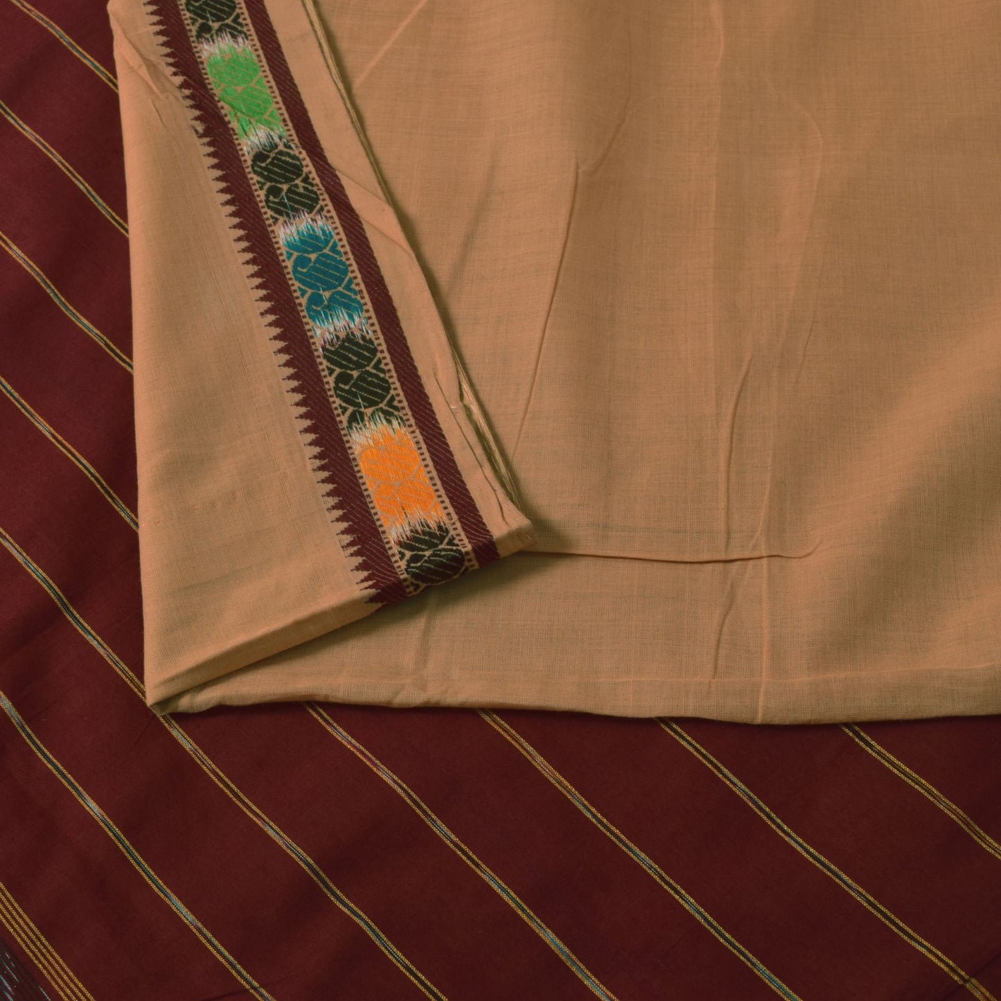 Sanskriti Vintage Beige 100% Pure Cotton Saree Ikat Hand Woven & Solid 5.5+Sari